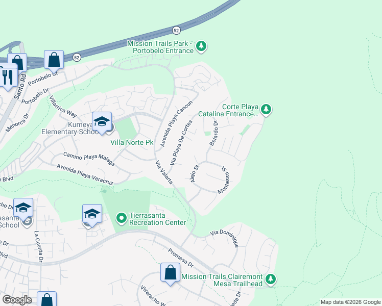 map of restaurants, bars, coffee shops, grocery stores, and more near 5140 Jumilla Street in San Diego