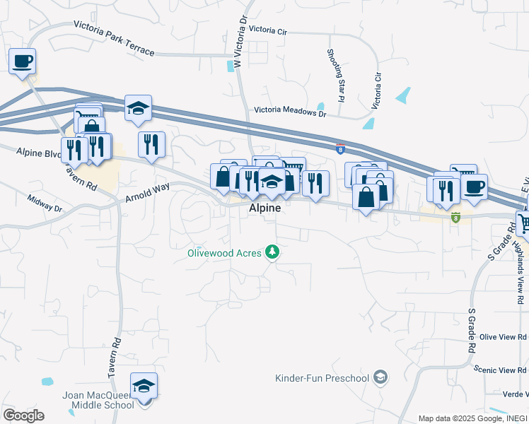 map of restaurants, bars, coffee shops, grocery stores, and more near in Alpine