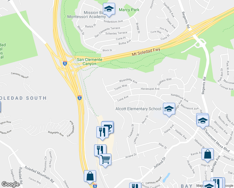 map of restaurants, bars, coffee shops, grocery stores, and more near 2638 Havasupai Avenue in San Diego