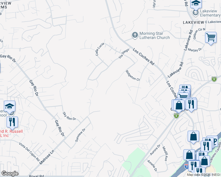 map of restaurants, bars, coffee shops, grocery stores, and more near 12443 Ridgeton Drive in Lakeside