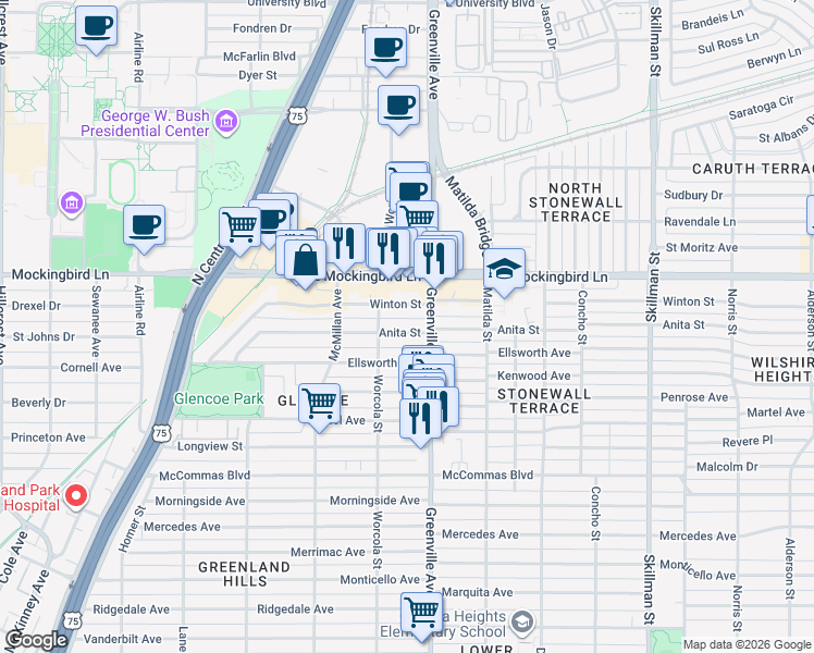 map of restaurants, bars, coffee shops, grocery stores, and more near 5627 Anita Street in Dallas