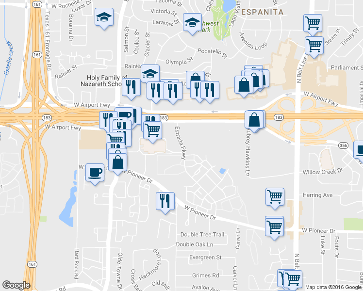map of restaurants, bars, coffee shops, grocery stores, and more near 2119 Estrada Parkway in Irving