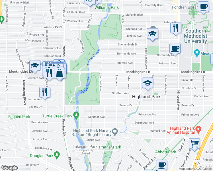 map of restaurants, bars, coffee shops, grocery stores, and more near 3825 Maplewood Avenue in Dallas