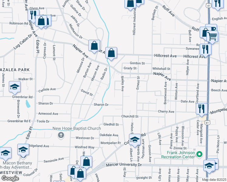 map of restaurants, bars, coffee shops, grocery stores, and more near 1213 Rice Place in Macon