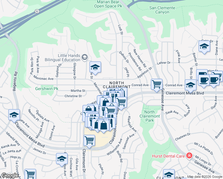 map of restaurants, bars, coffee shops, grocery stores, and more near 4114 Fond Du Lac Avenue in San Diego