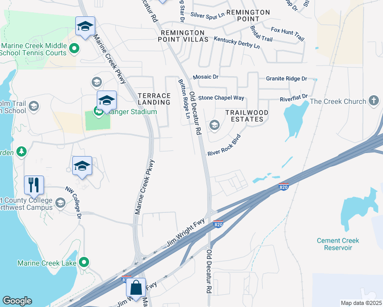 map of restaurants, bars, coffee shops, grocery stores, and more near 5013 Britton Ridge Lane in Fort Worth
