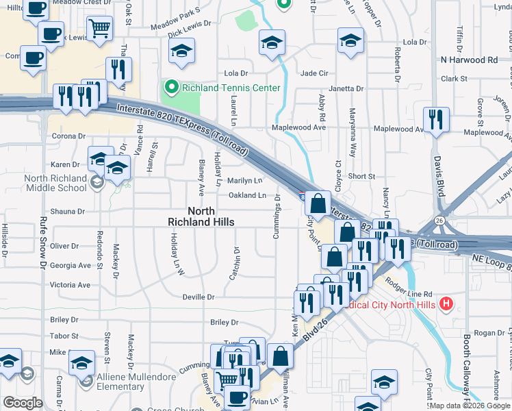 map of restaurants, bars, coffee shops, grocery stores, and more near 7313 Winnell Way in North Richland Hills
