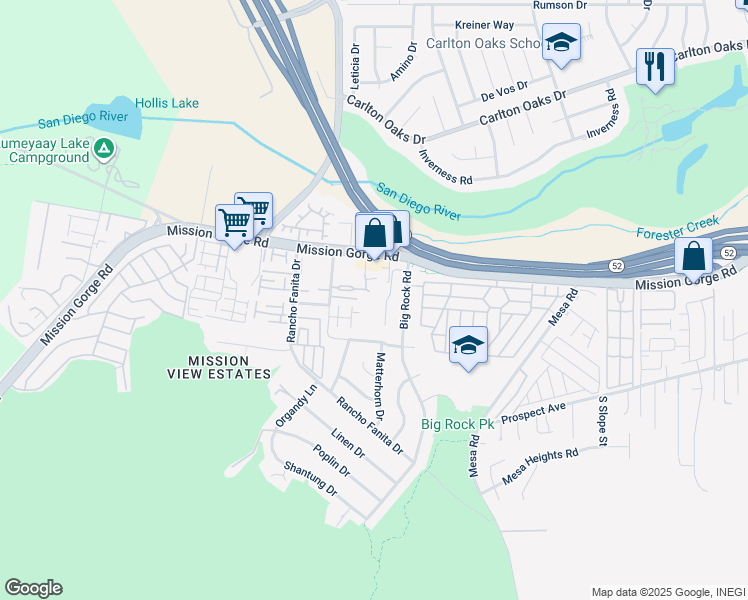 map of restaurants, bars, coffee shops, grocery stores, and more near 8765 Crossway Court in Santee