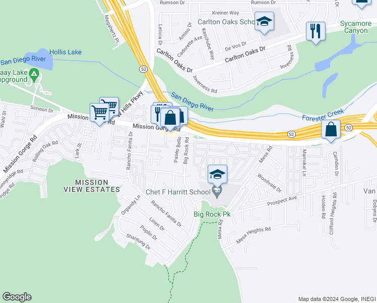 map of restaurants, bars, coffee shops, grocery stores, and more near 8719 Big Rock Road in Santee