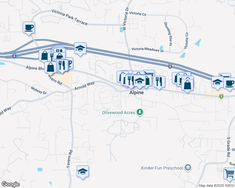map of restaurants, bars, coffee shops, grocery stores, and more near 2105 Arnold Way in Alpine