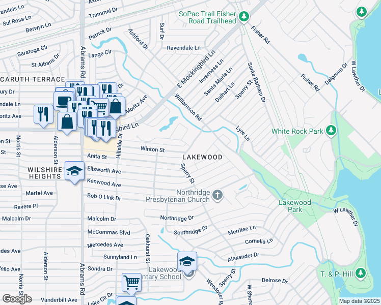 map of restaurants, bars, coffee shops, grocery stores, and more near 4034 Sperry Street in Dallas