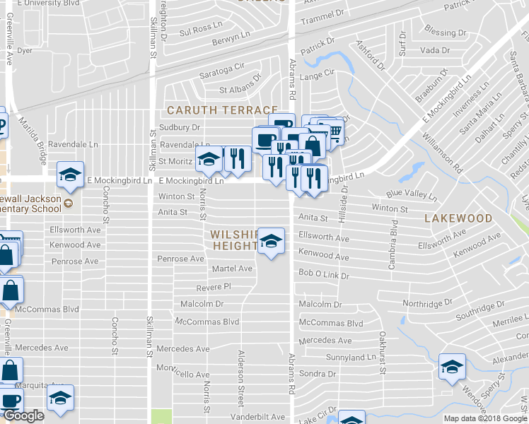 map of restaurants, bars, coffee shops, grocery stores, and more near 6311 Anita Street in Dallas