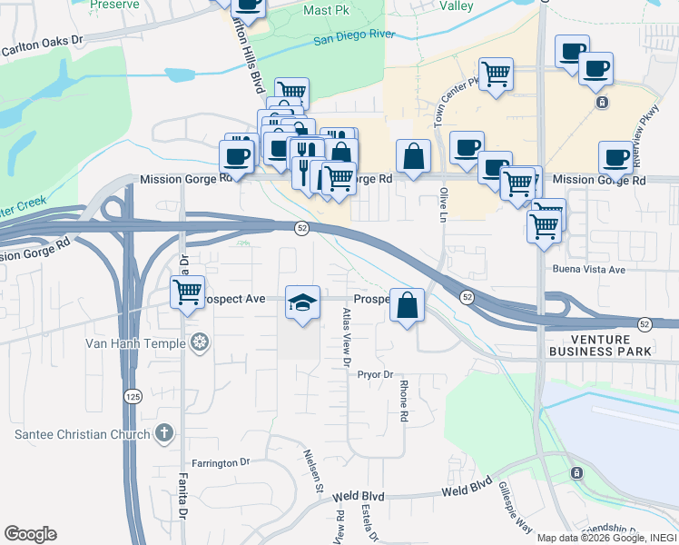 map of restaurants, bars, coffee shops, grocery stores, and more near 8734 Atlas View Drive in Santee