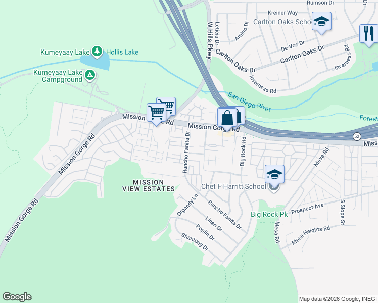 map of restaurants, bars, coffee shops, grocery stores, and more near 7867 Rancho Fanita Drive in Santee