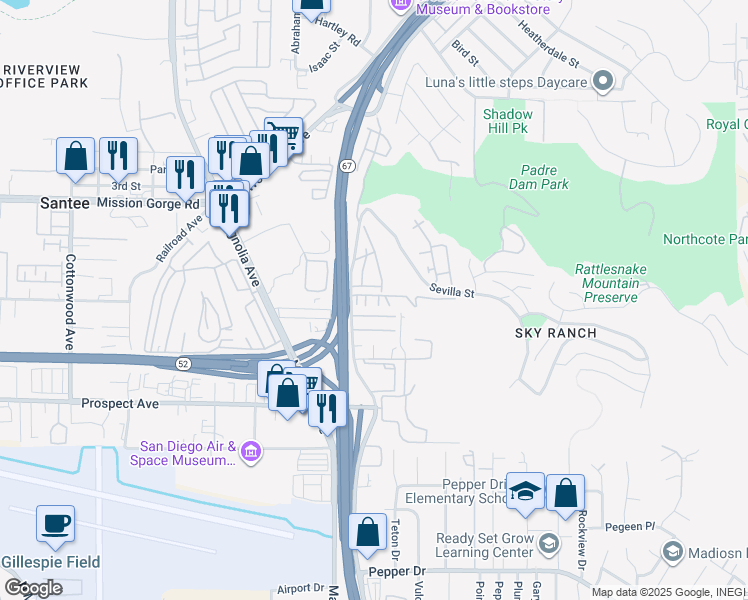 map of restaurants, bars, coffee shops, grocery stores, and more near 8731 Graves Avenue in Santee