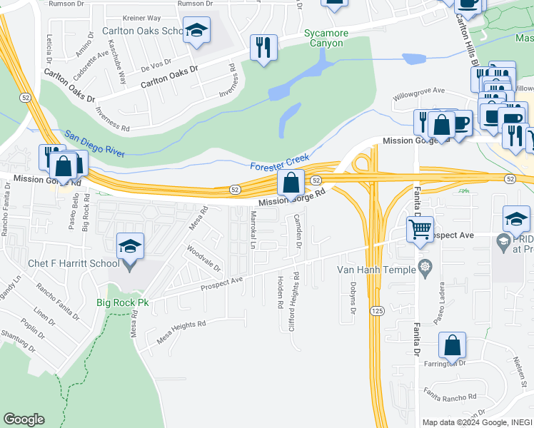 map of restaurants, bars, coffee shops, grocery stores, and more near 8692 Camden Drive in Santee