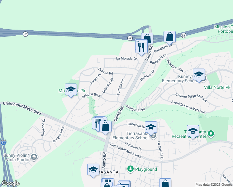 map of restaurants, bars, coffee shops, grocery stores, and more near 5718 Tortuga Road in San Diego