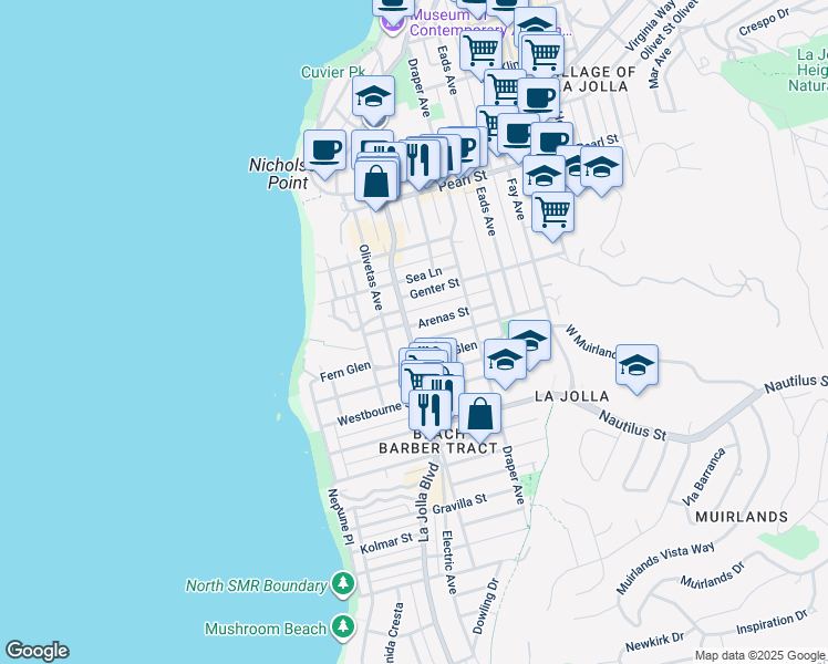 map of restaurants, bars, coffee shops, grocery stores, and more near 7143 La Jolla Boulevard in San Diego