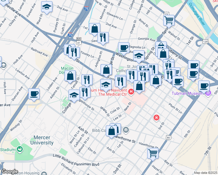 map of restaurants, bars, coffee shops, grocery stores, and more near 1021 Rose Place in Macon