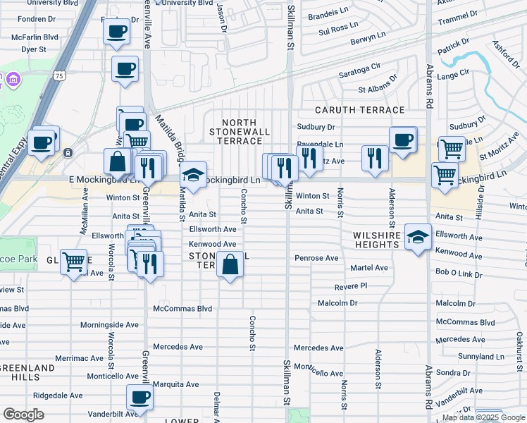 map of restaurants, bars, coffee shops, grocery stores, and more near 6017 Anita Street in Dallas