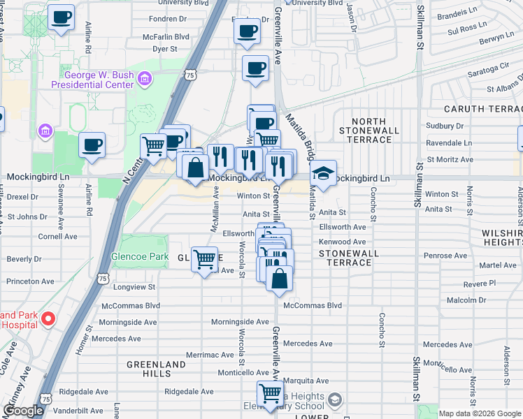map of restaurants, bars, coffee shops, grocery stores, and more near 5627 Anita Street in Dallas