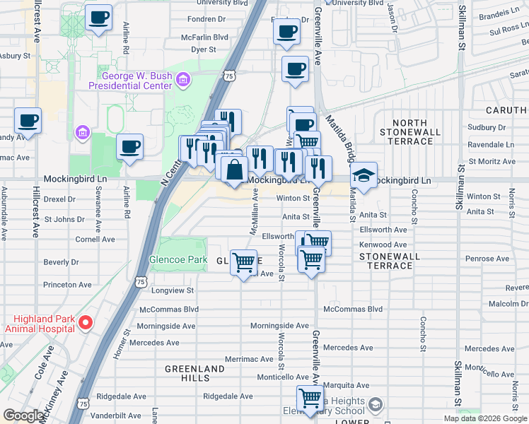 map of restaurants, bars, coffee shops, grocery stores, and more near 5471 Anita Street in Dallas