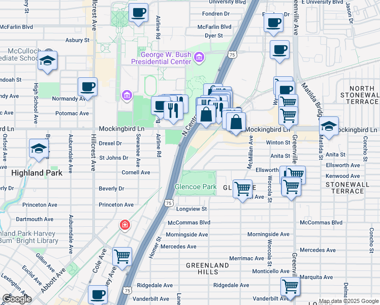 map of restaurants, bars, coffee shops, grocery stores, and more near University Crossing Trail in Dallas