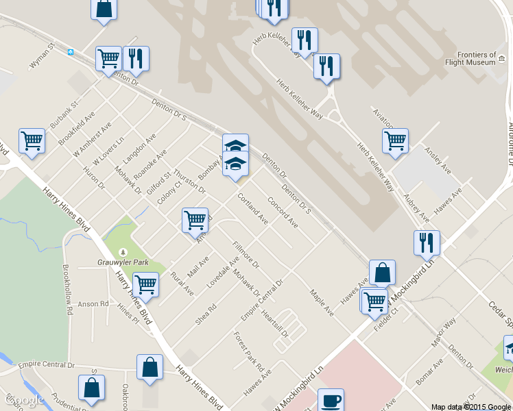 map of restaurants, bars, coffee shops, grocery stores, and more near 7410 Cortland Avenue in Dallas