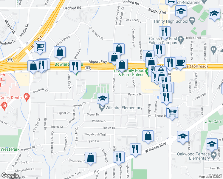 map of restaurants, bars, coffee shops, grocery stores, and more near 211 Buckingham Avenue in Euless