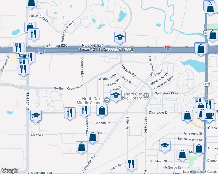 map of restaurants, bars, coffee shops, grocery stores, and more near 4416 Tiptop Street in Fort Worth