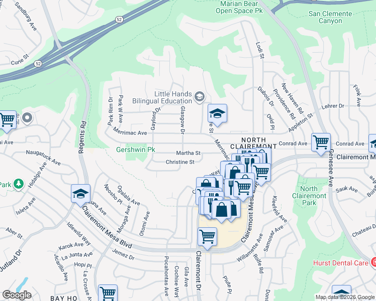 map of restaurants, bars, coffee shops, grocery stores, and more near 3716 Martha Street in San Diego