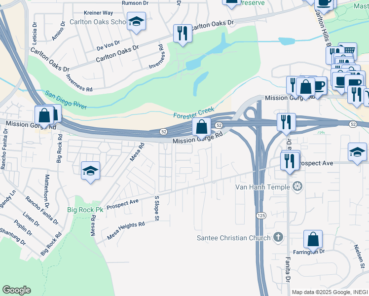 map of restaurants, bars, coffee shops, grocery stores, and more near 8612 Arminda Circle in Santee