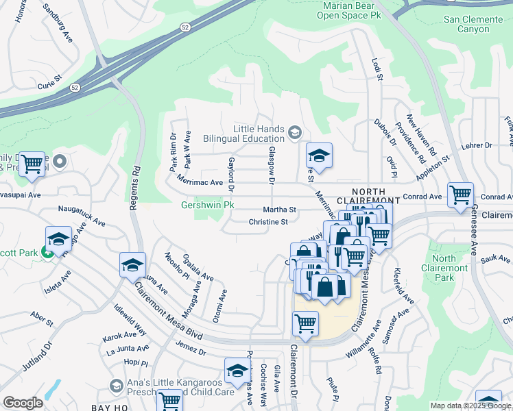 map of restaurants, bars, coffee shops, grocery stores, and more near 3658 Martha Street in San Diego