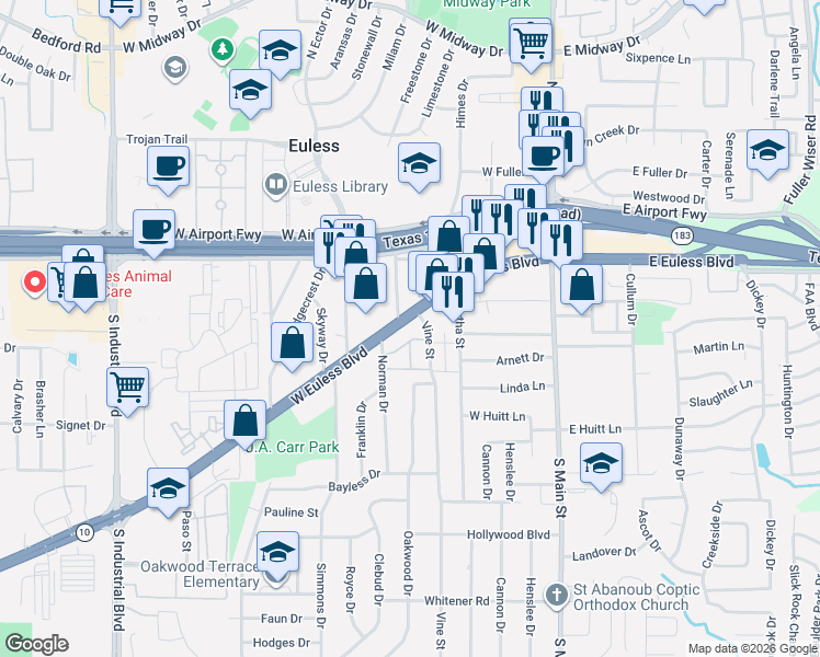 map of restaurants, bars, coffee shops, grocery stores, and more near 230 Vine Street in Euless