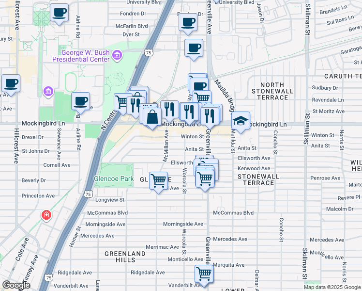 map of restaurants, bars, coffee shops, grocery stores, and more near 5531 Anita St in Dallas