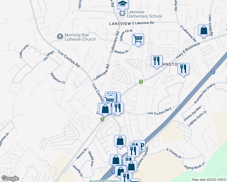 map of restaurants, bars, coffee shops, grocery stores, and more near 46 Marvejo in Lakeside