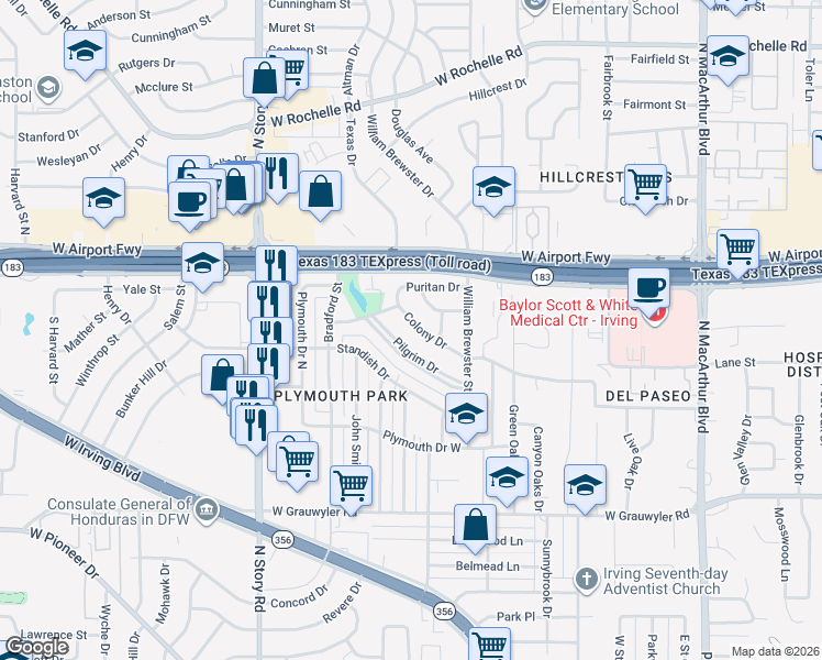map of restaurants, bars, coffee shops, grocery stores, and more near 1918 Colony Dr in Irving