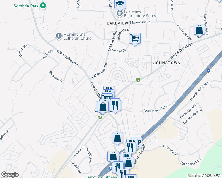 map of restaurants, bars, coffee shops, grocery stores, and more near 13450 Highway 8 Business in Lakeside