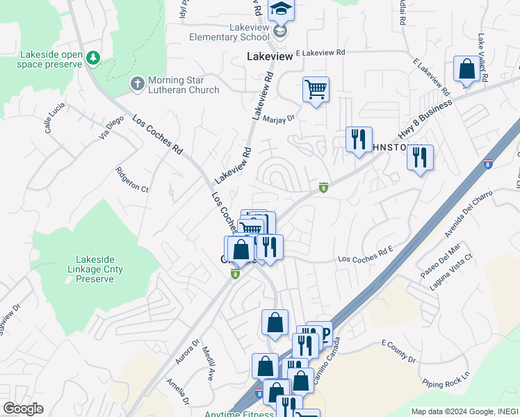 map of restaurants, bars, coffee shops, grocery stores, and more near in Lakeside