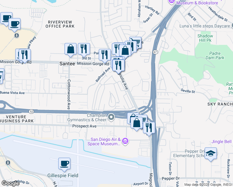 map of restaurants, bars, coffee shops, grocery stores, and more near 8712 Magnolia Avenue in Santee