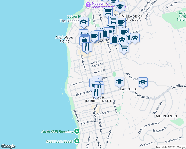map of restaurants, bars, coffee shops, grocery stores, and more near 7143 La Jolla Boulevard in San Diego