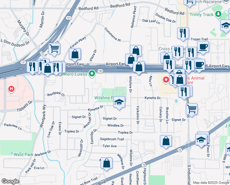map of restaurants, bars, coffee shops, grocery stores, and more near 212 Knapford Station in Euless