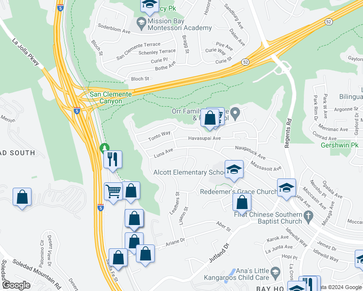 map of restaurants, bars, coffee shops, grocery stores, and more near 2780 Luna Avenue in San Diego