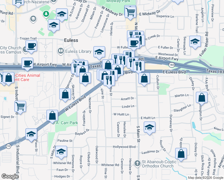 map of restaurants, bars, coffee shops, grocery stores, and more near 231 Martha Street in Euless