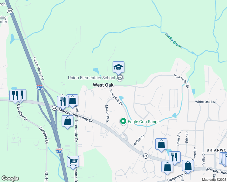 map of restaurants, bars, coffee shops, grocery stores, and more near 3785 Woodfield Drive in Macon