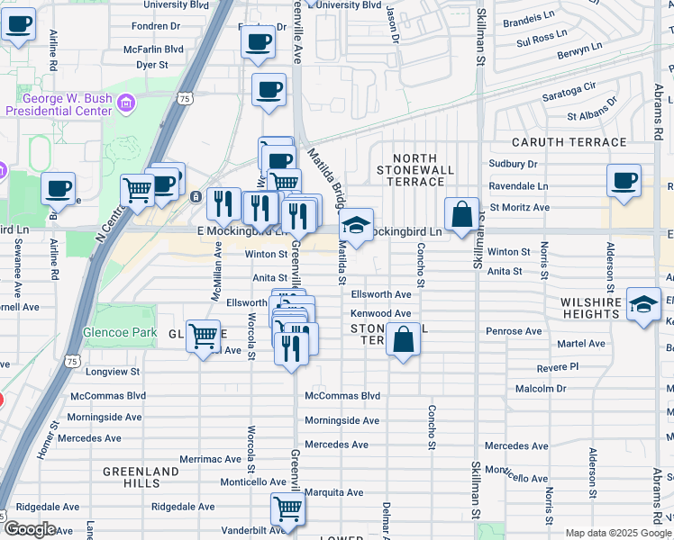 map of restaurants, bars, coffee shops, grocery stores, and more near 5739 Anita Street in Dallas