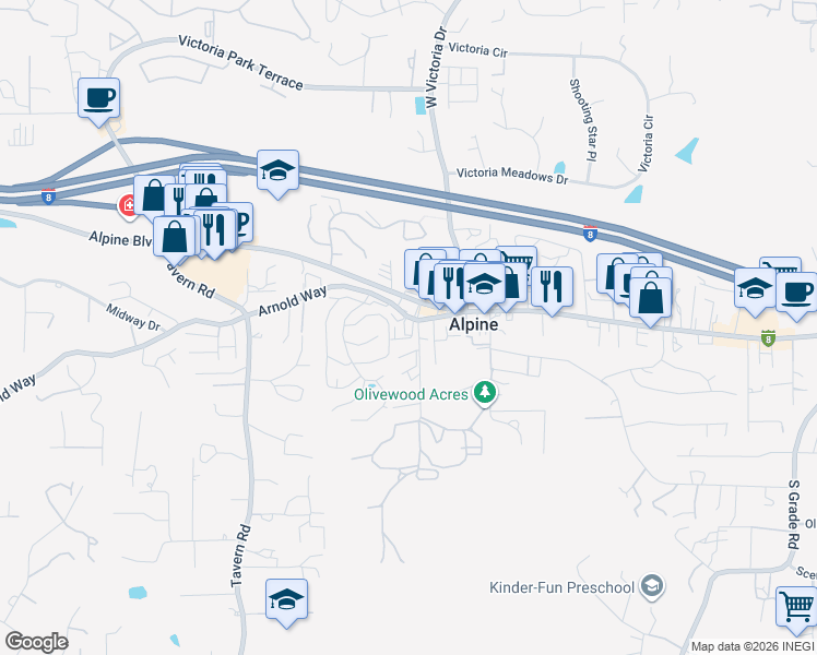 map of restaurants, bars, coffee shops, grocery stores, and more near 2109 Arnold Way in Alpine