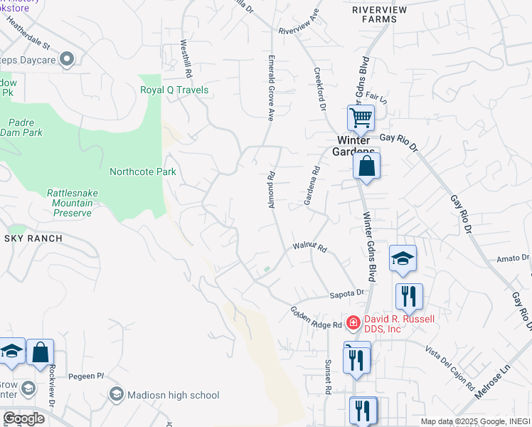 map of restaurants, bars, coffee shops, grocery stores, and more near 8678 Almond Road in Lakeside