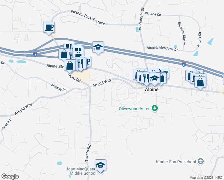 map of restaurants, bars, coffee shops, grocery stores, and more near 43 Calle Conejo in Alpine