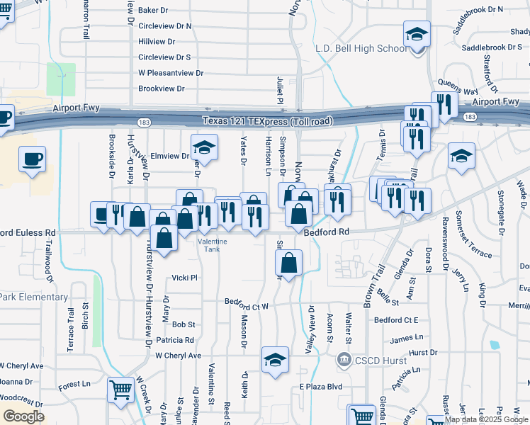 map of restaurants, bars, coffee shops, grocery stores, and more near 1313 Harrison Lane in Hurst